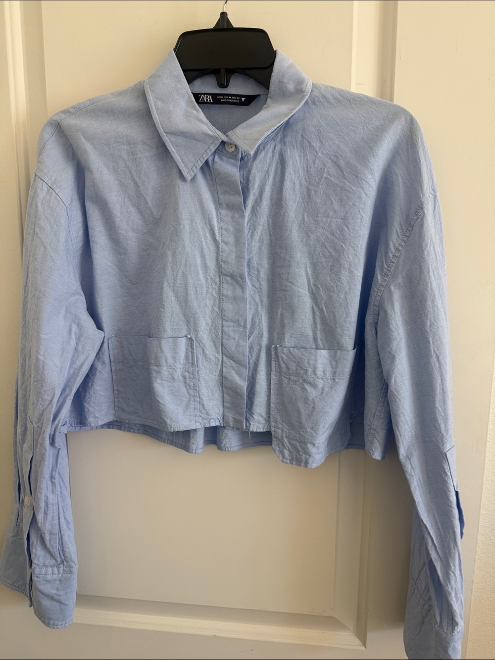 Zara Pastel Blue Cropped Button-Front Shirt
